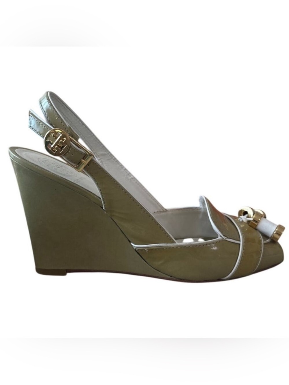 Tory Burch Ella Wedge‎ Slingback Peep Toe Patent Sandals 7